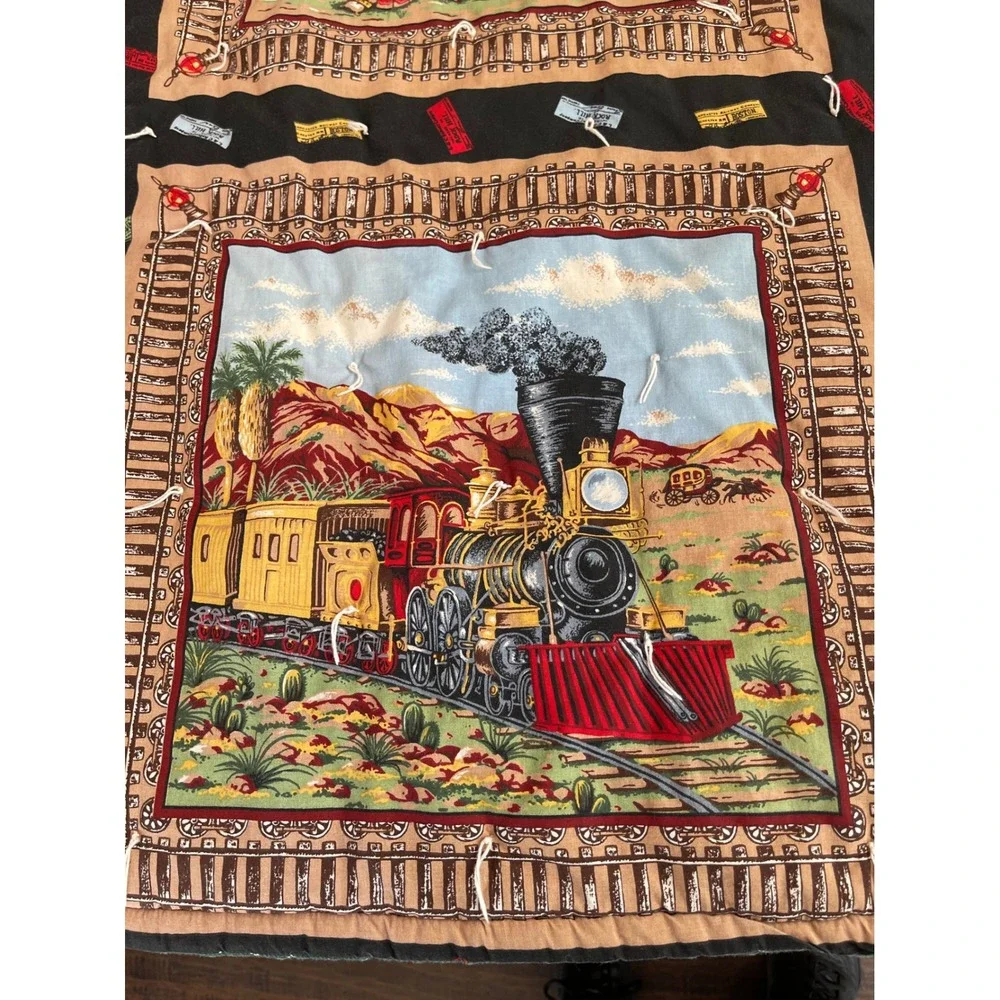 Vintage Steam Engine Locomotive Train Quilted Throw Blanket 48x40 Railroad Theme